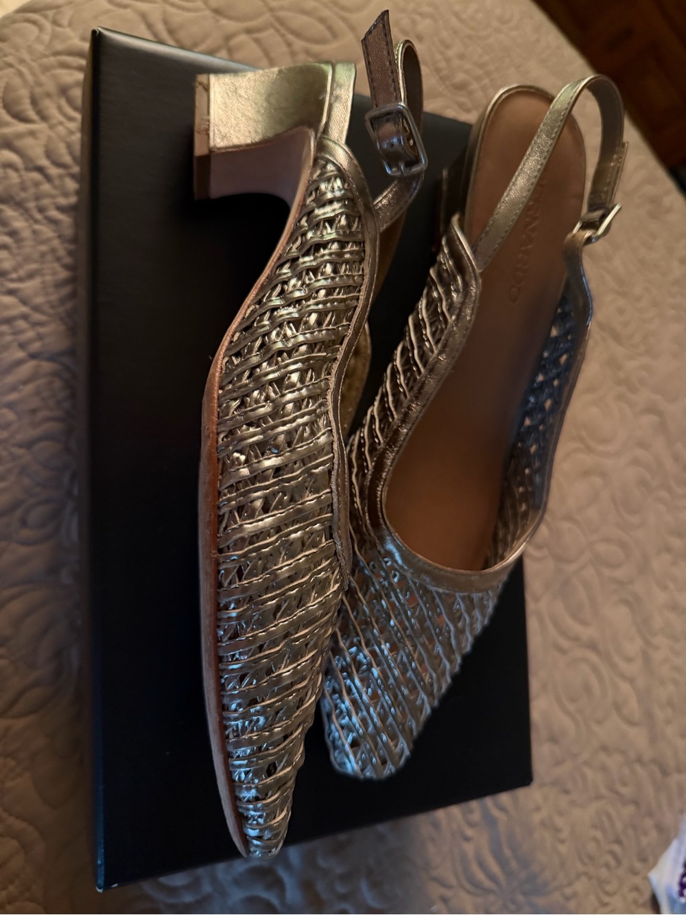 Bernardo Metallic Woven Slingback Mules in Gold
